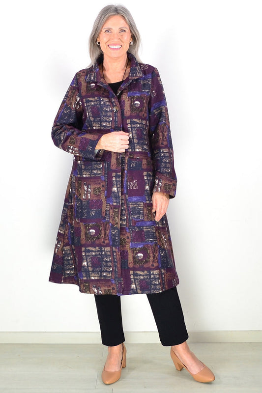 Hourglass long purple squares fleece-lined jacket worn as a tunic, featuring a cozy fleece interior and stylish purple square pattern.