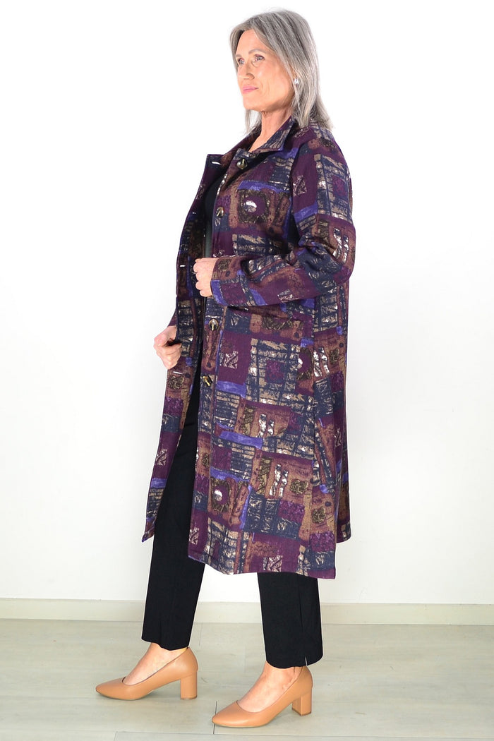 Purple fleece-lined tunic jacket with long sleeves and square pattern by Hourglass, perfect for casual wear.