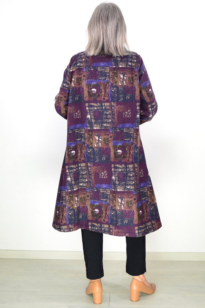 Long purple squares fleece-lined jacket from Hourglass, stylish tunic with cozy fleece interior and modern geometric pattern.