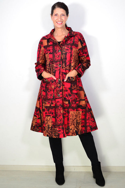Long Red Jungle Fleece Lined Jacket