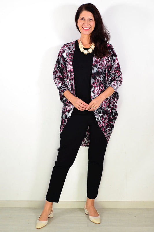 Wine red animal print long sleeve cardigan tunic by Lilia Whispers, featuring a cozy, stylish design with a relaxed fit.