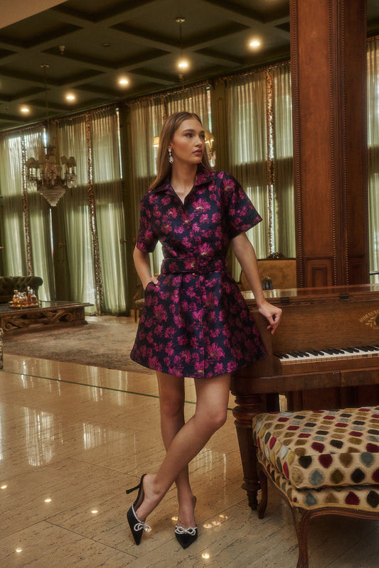 Lorna Floral Jacquard Belted Mini Dress