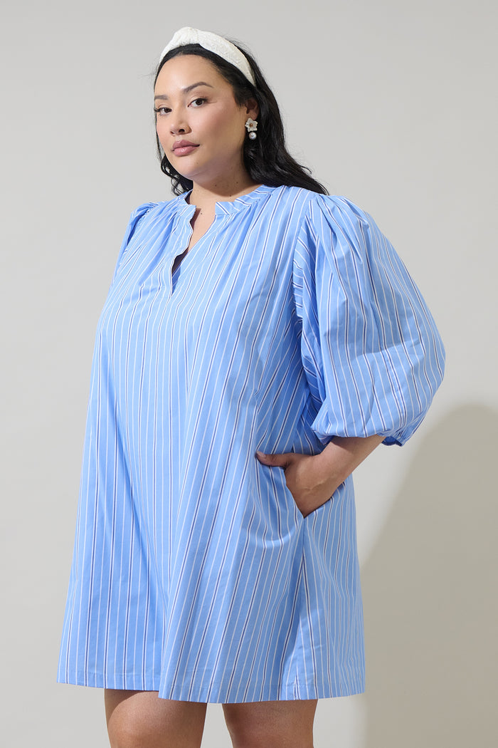 Malaga Striped Victoria Shift Split Neck Mini Dress Curve