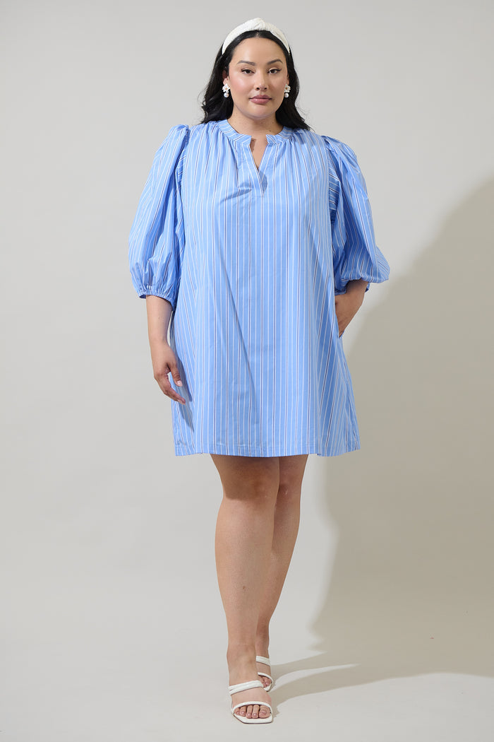 Malaga Striped Victoria Shift Split Neck Mini Dress Curve