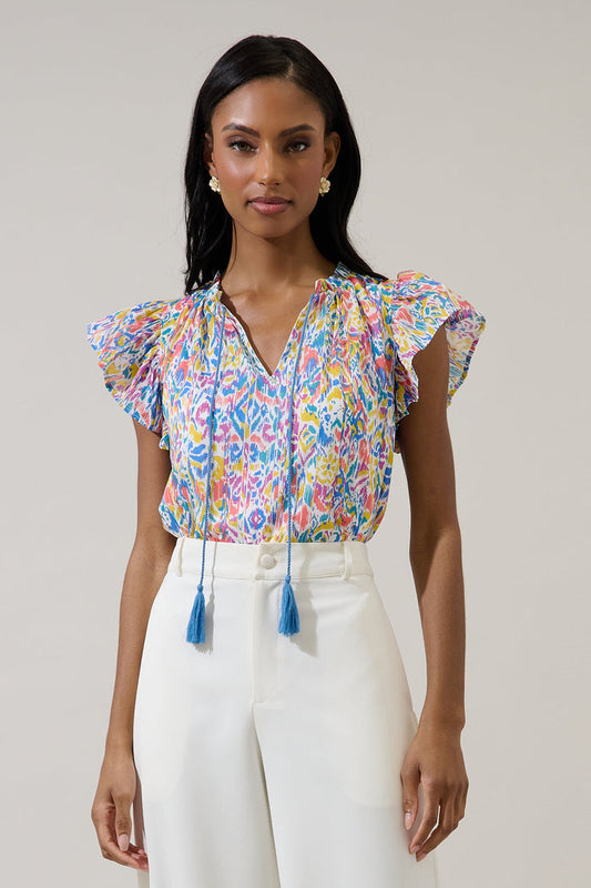 Malva Abstract Deniza Split Neck Ruffle Top