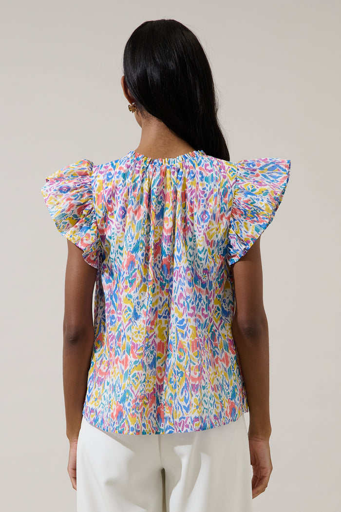 Malva Abstract Deniza Split Neck Ruffle Top