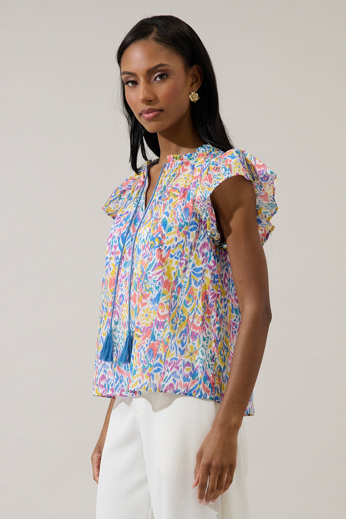 Malva Abstract Deniza Split Neck Ruffle Top
