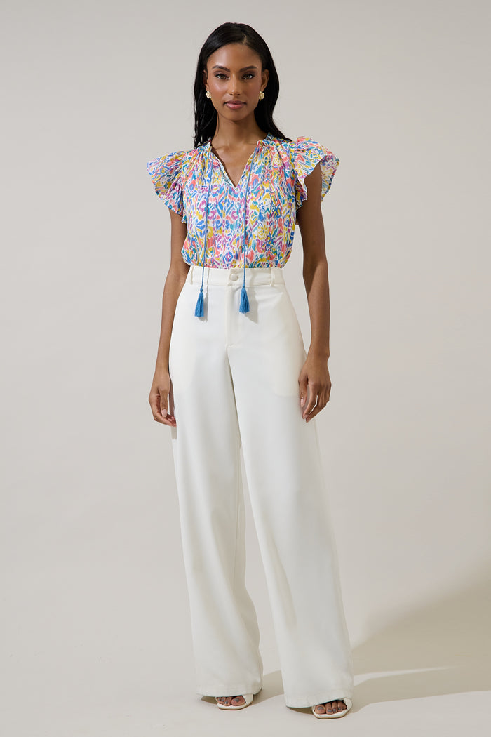 Malva Abstract Deniza Split Neck Ruffle Top