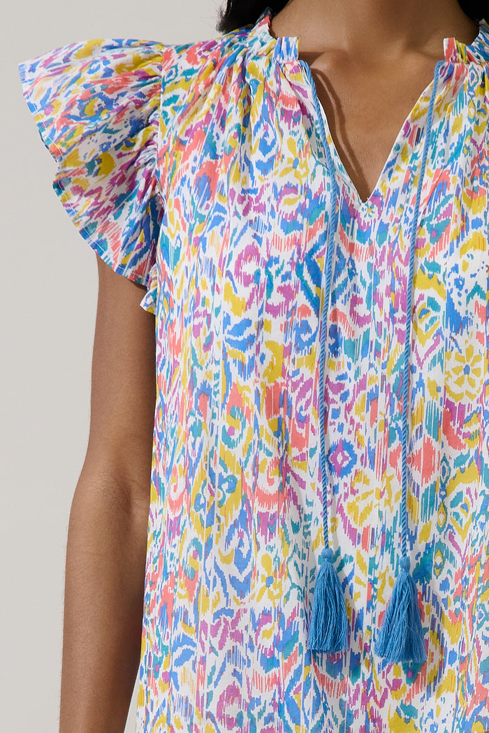 Malva Abstract Deniza Split Neck Ruffle Top
