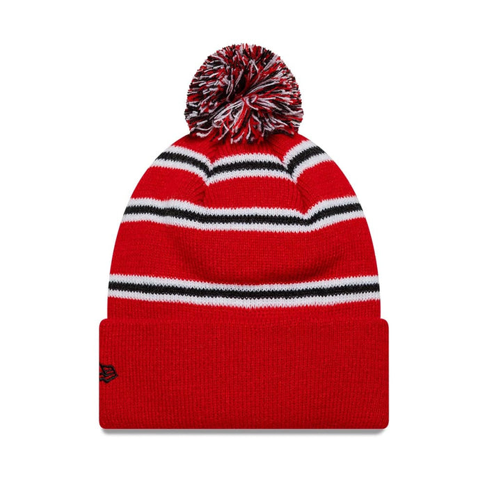 Pictured is this Infant Stripe Manchester United FC Cuff knit Beanie hat in red. 2