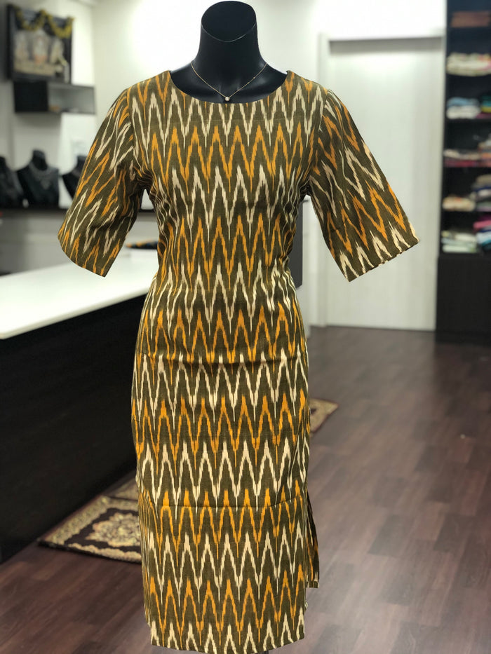 Mehendi green zigzag IKAT cotton kurti