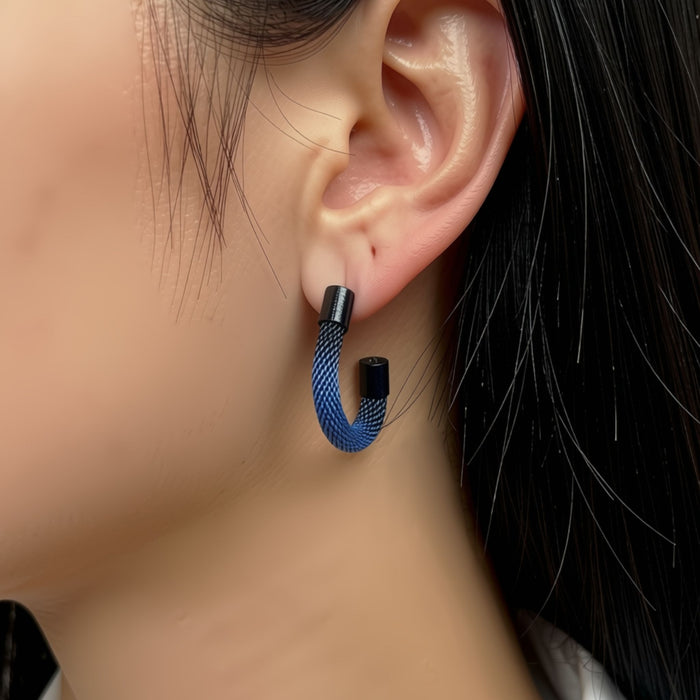 Milanese Mesh Hoop Earrings: Black with Blue Pearl