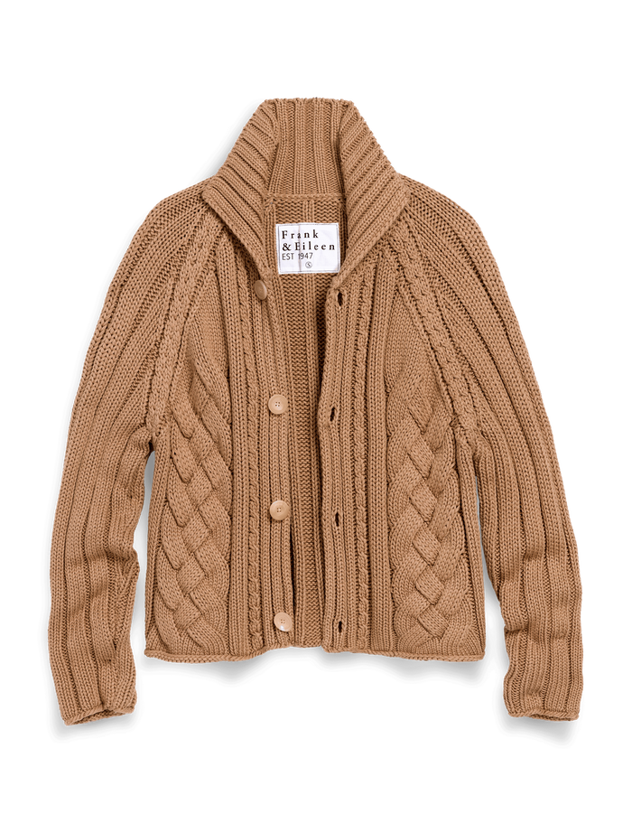 Brown cable knit cardigan with button details on a white background