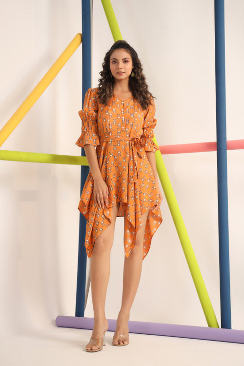 Motif on Orange Russian Silk Mini Dress
