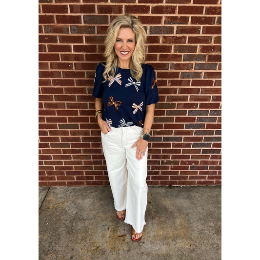MS - Tina, Sequin Bow w Pearl Top 3111 - Navy / Orange - SALE