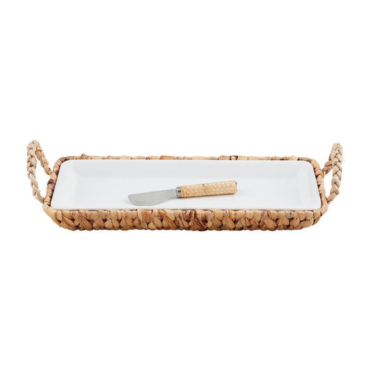 Mud Pie Hyacinth Woven Hostess Tray Set with ceramic tray and rattan-wrapped spreader — elegant 3-piece serveware from The Pink Doxie Boutique.