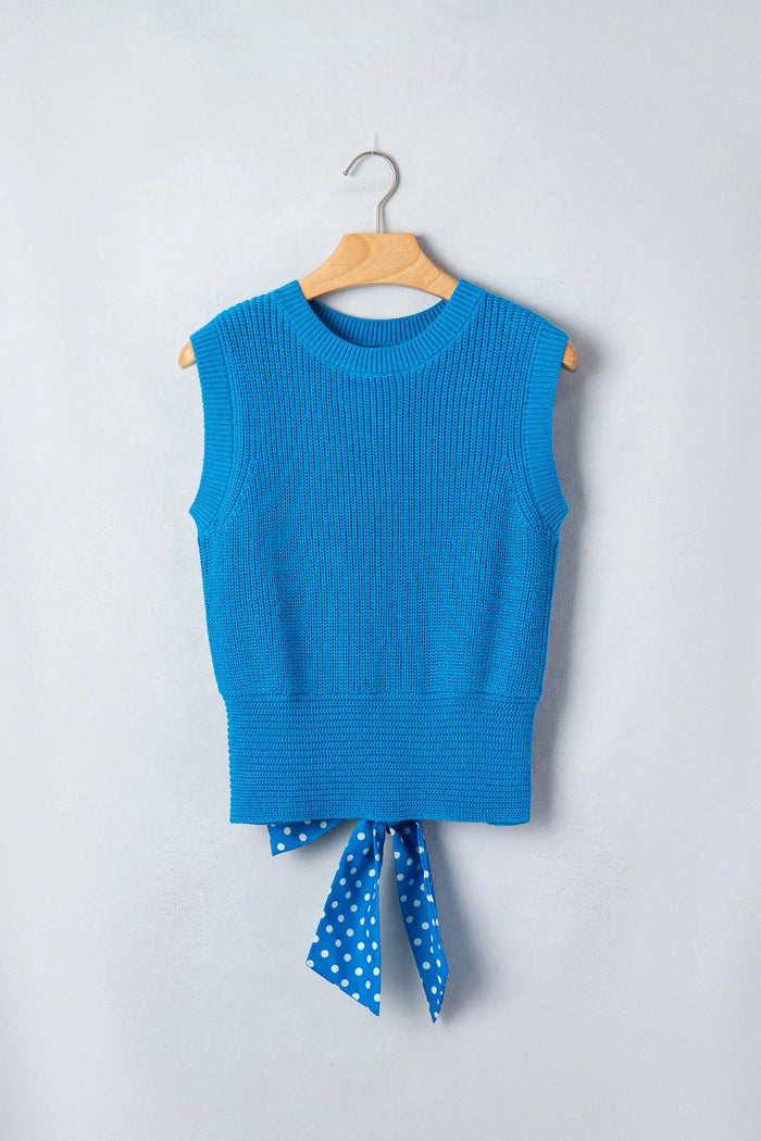 Myosotis Slim Knit Polka Dot Knot Back Cropped Sweater Tank – Blue