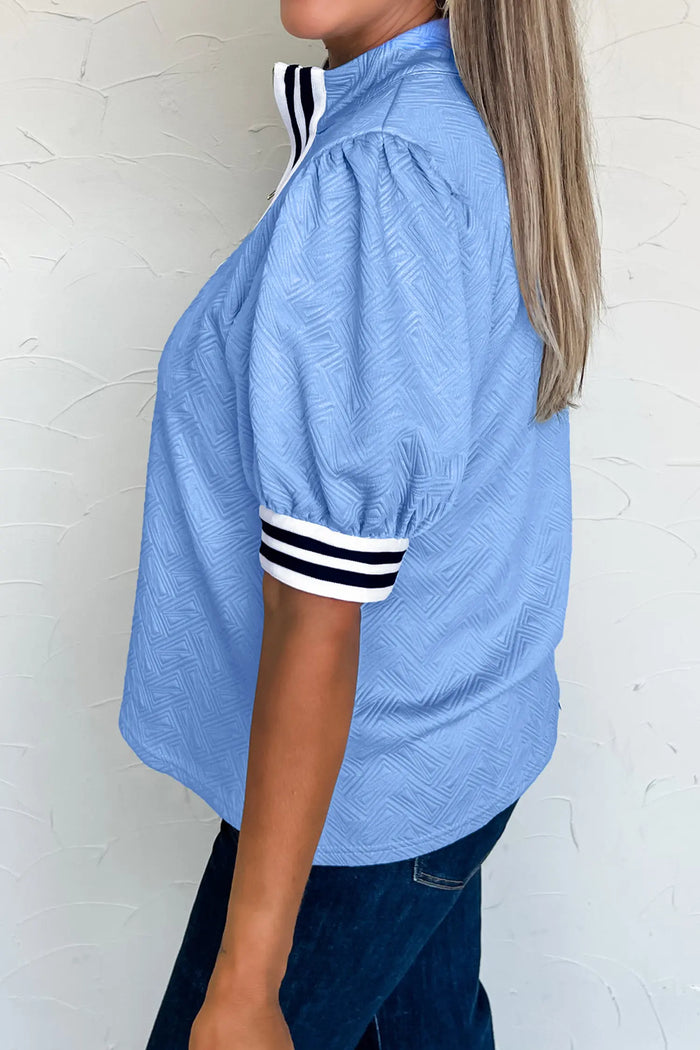Myosotis Stylish Textured Stripe Trim Split Neck Puff Sleeve Top – Blue
