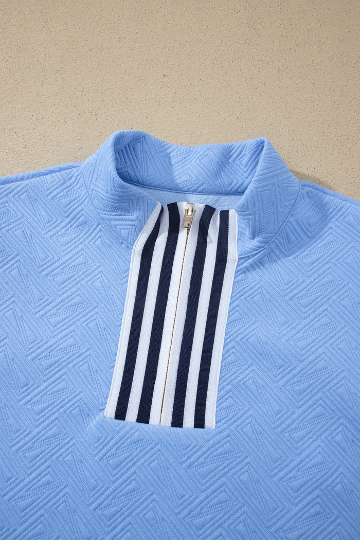 Myosotis Stylish Textured Stripe Trim Split Neck Puff Sleeve Top – Blue