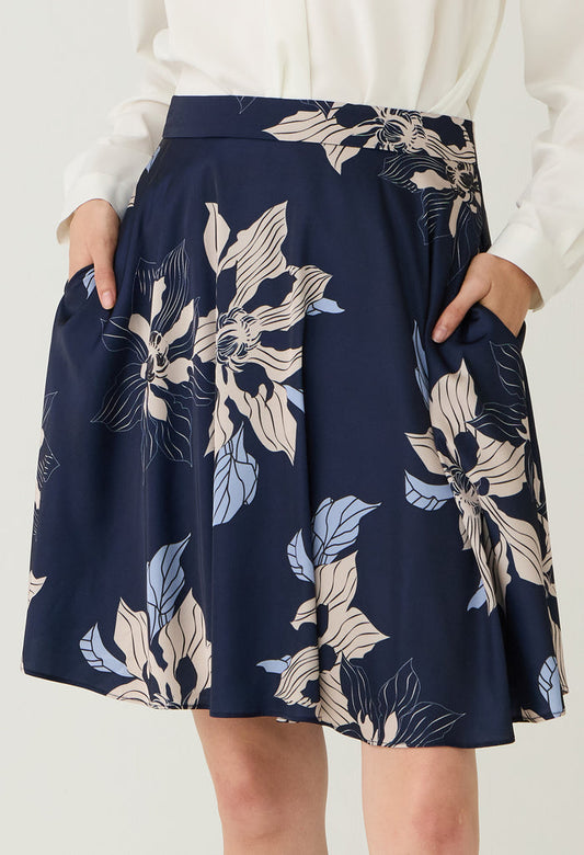 Navy Floral Printed A-Line Midi Skirt