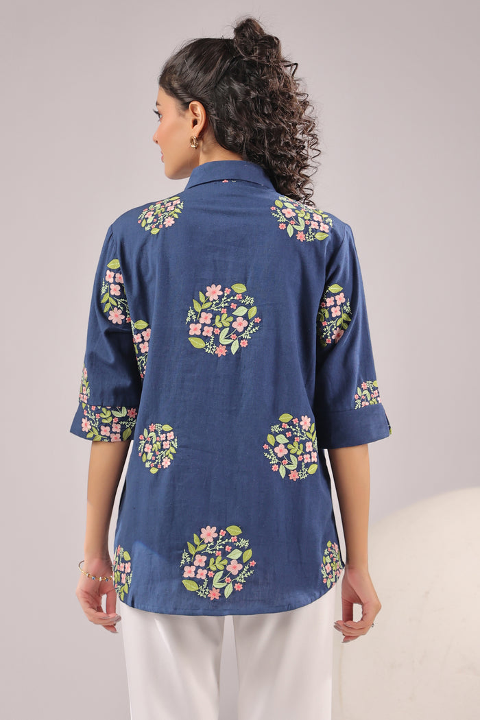 Navy Petal Embroidered Cotton Flex Shirt
