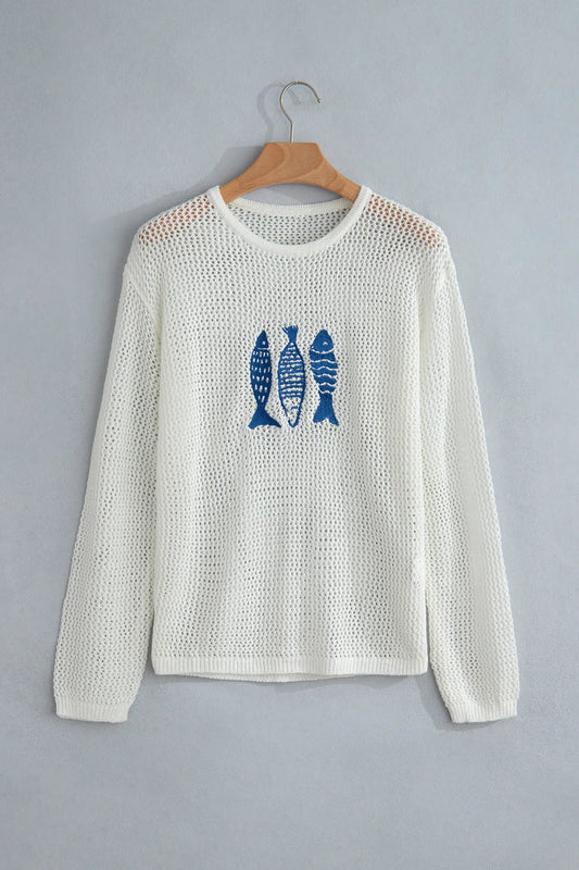 Open Knit Fish Embroidered Casual Sweater – White