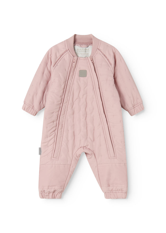 Pink wetsuit with front zipper, long sleeves and legs with cuffs.