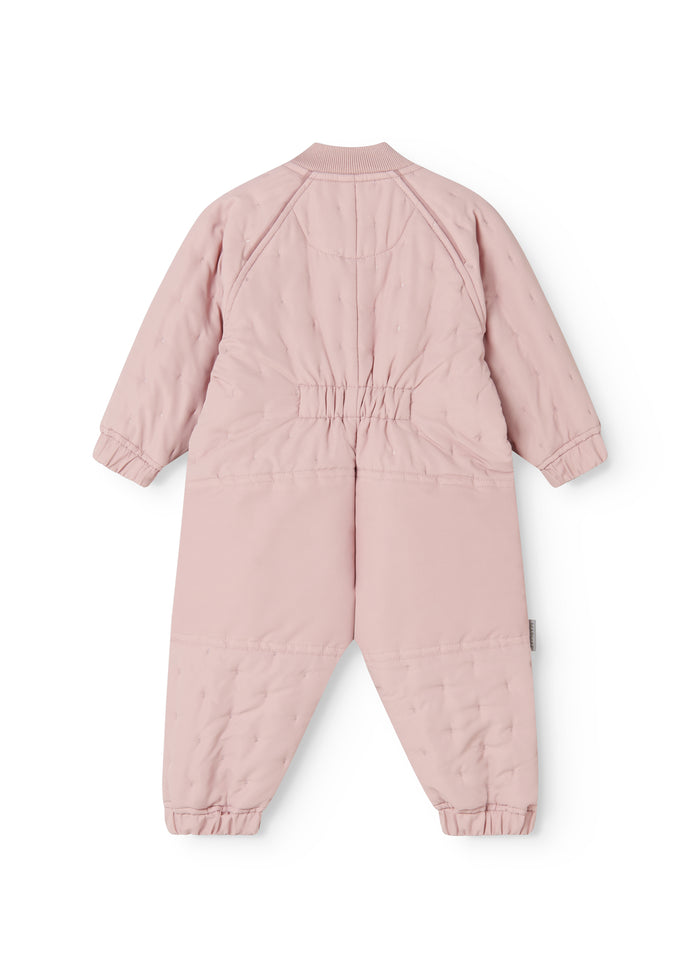Pink jumpsuit set from behind with elastic at the waist and long sleeves