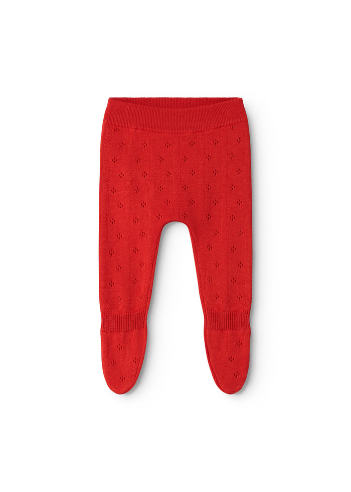 Red knit trousers for baby with a nice pattern and ribbed cuffs.