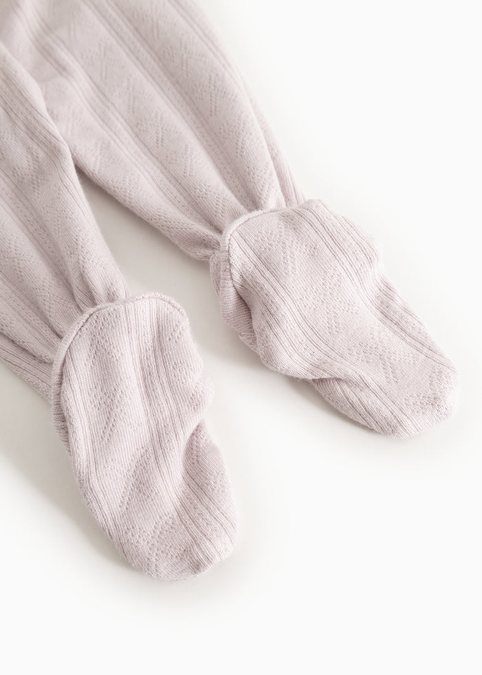 Baby leggings in dusty purple with ribbed feet and cuffs