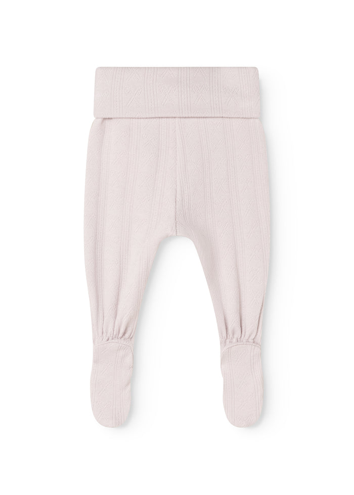 Baby leggings in dusty lilac with elastic at the ankles and feet.