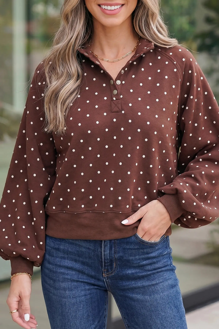 Polka Dot Print Metal Button Collar Casual Pullover Sweatshirt – Pink