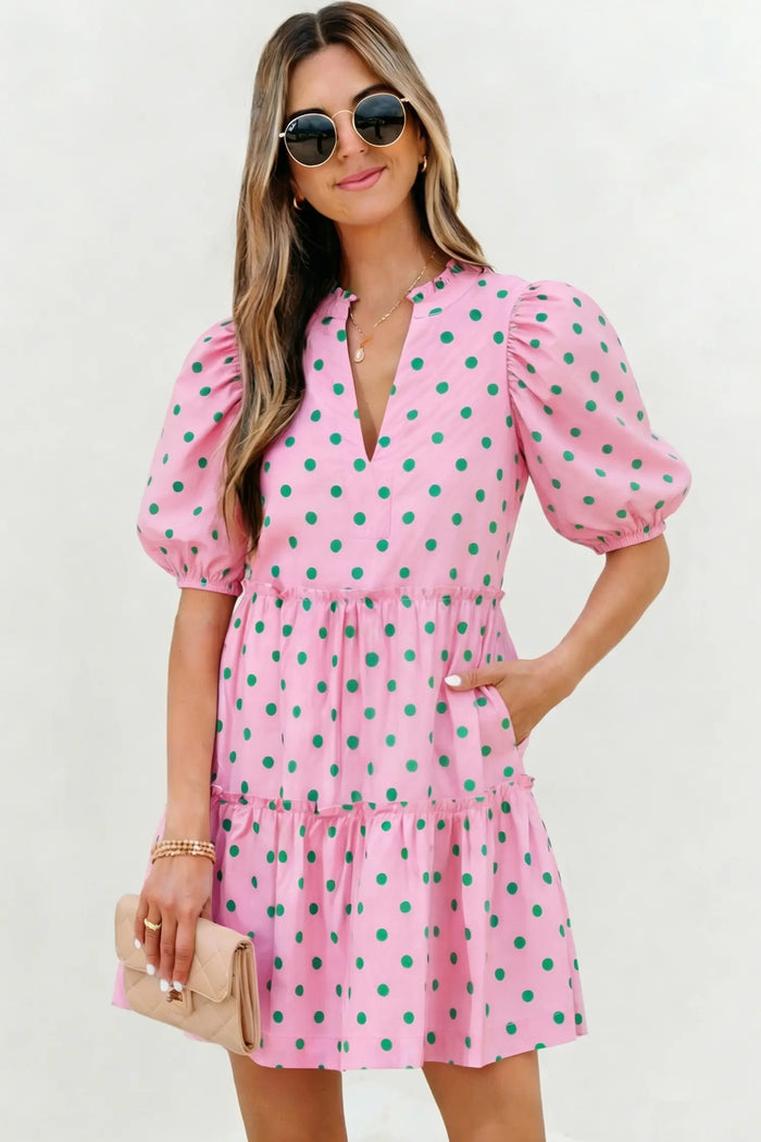 Polka Dot Print V Neck Short Sleeve Tiered Mini Dress – Pink