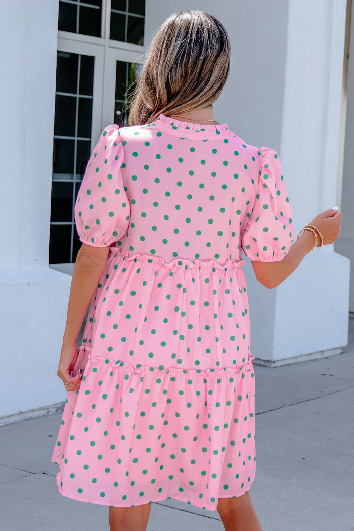 Polka Dot Print V Neck Short Sleeve Tiered Mini Dress – Pink