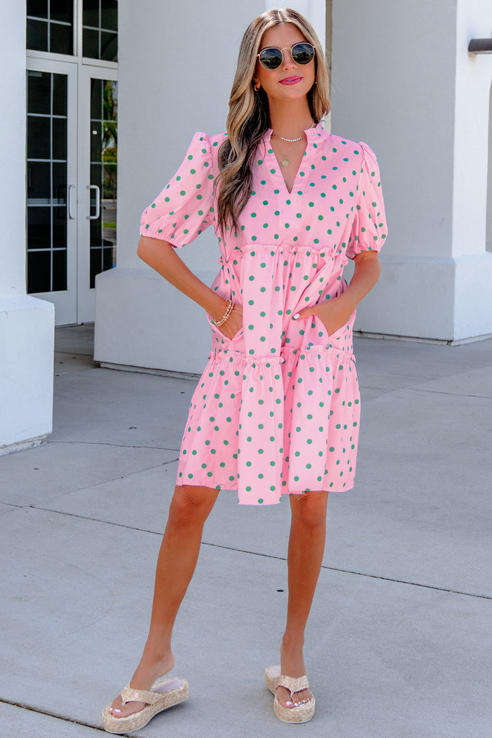 Polka Dot Print V Neck Short Sleeve Tiered Mini Dress – Pink