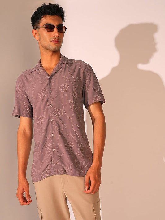 Purple Cuban Collar Viscose Shirt