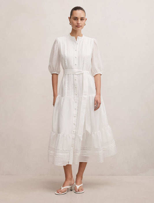 Rachel Short Sleeve Trim Midi Dress Porcelain Forever New