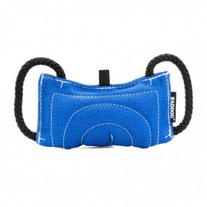 Front view of a blue dog training bite tug with durable fabric, reinforced white stitching, and two black rope handles on each side, displ