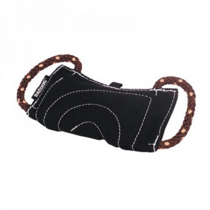 Angled view of a black dog training bite tug with durable textured fabric, reinforced white stitching, and two brown rope handles on each side, displayed on a plain light background.