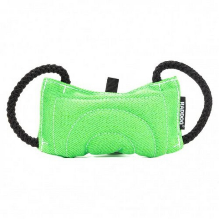 Bright green dog training bite tug made of durable textured fabric, featuring reinforced stitching and two black rope handles on each side, isolated on a white background.