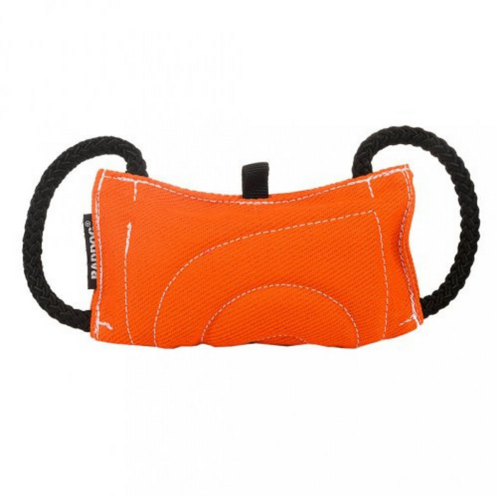 Orange dog training bite tug made of durable textured fabric, featuring reinforced stitching and two black rope handles on each side, isolated on a white background.