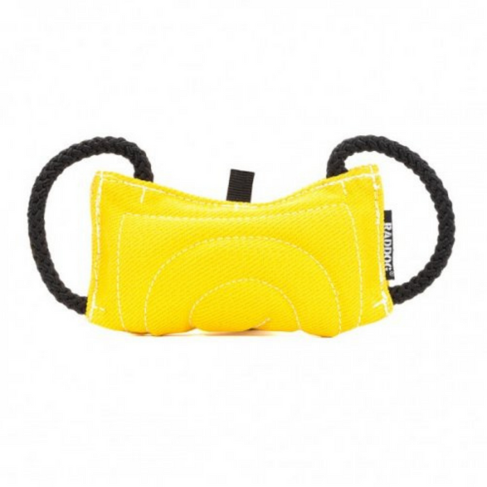 Yellow dog training bite tug made of durable textured fabric, featuring reinforced stitching and two black rope handles on each side, isolated on a white background.