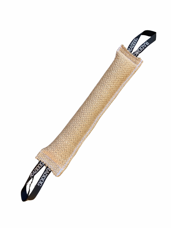 RADDOG jute Big Mac tug toy in extra-long design with durable beige jute material and black handles on both ends for dog training.