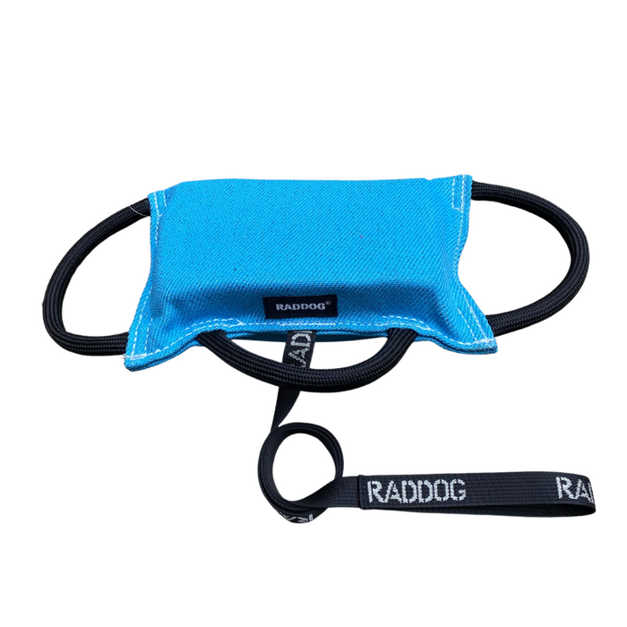 Light blue dog training bite pad made from durable fabric, featuring reinforced stitching, multiple black loop handles, and a RADDOG logo label, displayed on a white background.