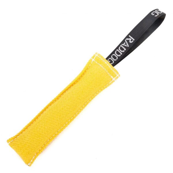 Yellow cylindrical dog training tug made of durable textured fabric with reinforced stitching, featuring a black loop handle with “RADDOG” branding on one end.