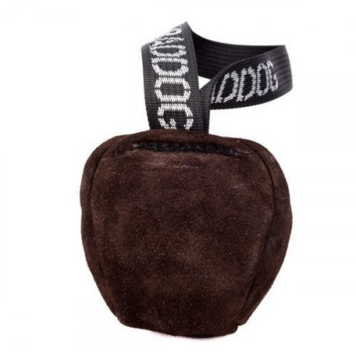 Brown leather dog training ball with a soft, padded texture and a black woven loop handle featuring white “RADDOG” branding, isolated on a white background.