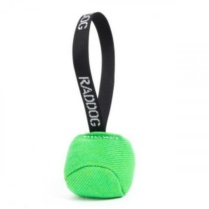 Green fabric-covered dog training ball with a black loop handle labeled “RADDOG,” isolated on a white background.