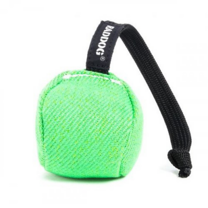 Green fabric-covered dog training ball with a black rope handle and RADDOG label, isolated on a white background.