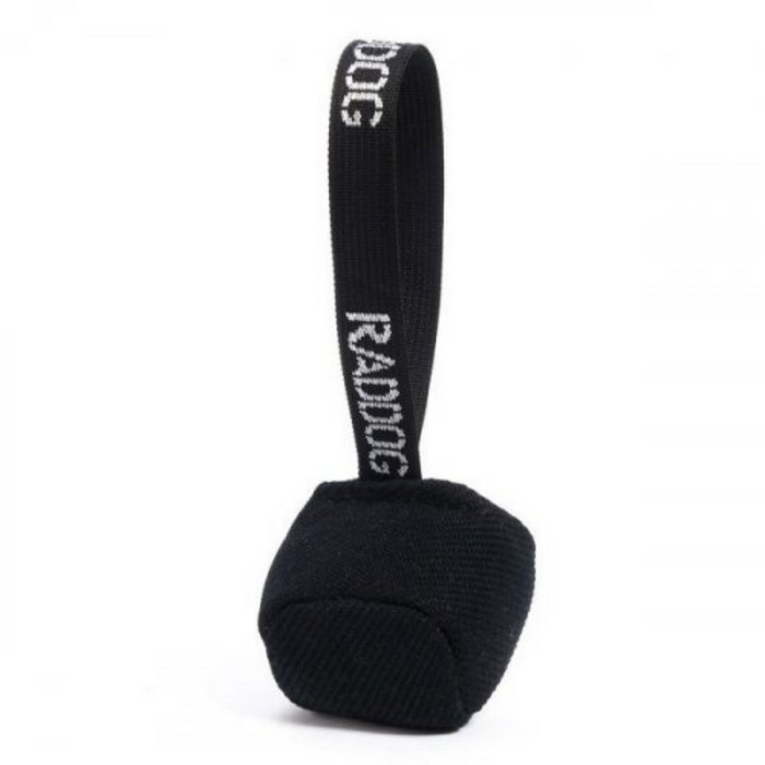 Black fabric-covered dog training ball with a black loop handle labeled “RADDOG,” isolated on a white background.