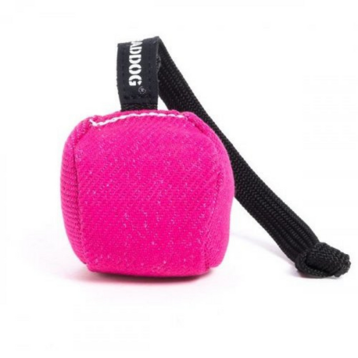 Bright pink fabric training ball with visible stitching, attached to a black rope handle and strap labeled “RADDOG,”